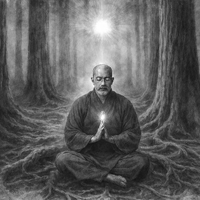 Illustration of Mikao Usui Sensei sitting on mount Kurama with the light of Reiki above his head.