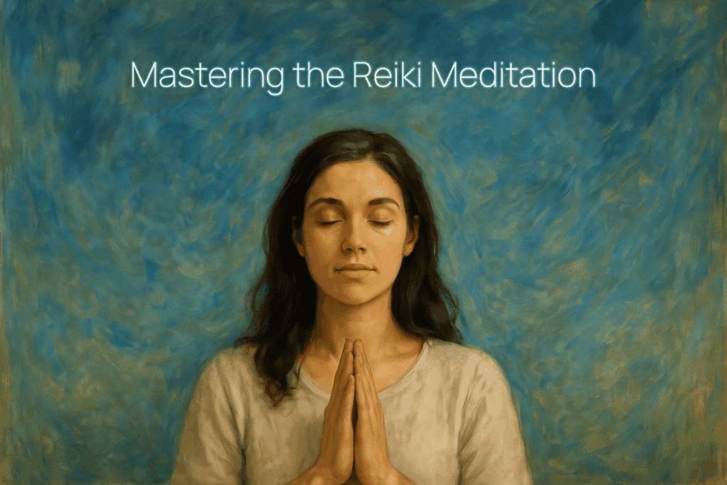 Illustration of a woman sitting with her hands together at her heart and the words "Mastering the Reiki Meditation"