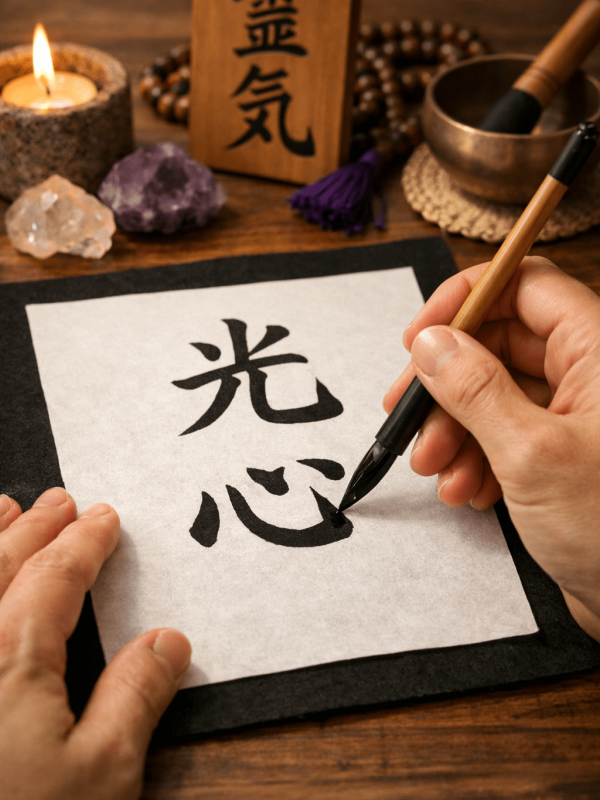 Photo showing a hand holding a calligraphy brush drawing the Japanese kanji for Ko Shin - the path of light - on a piece of natural paper.