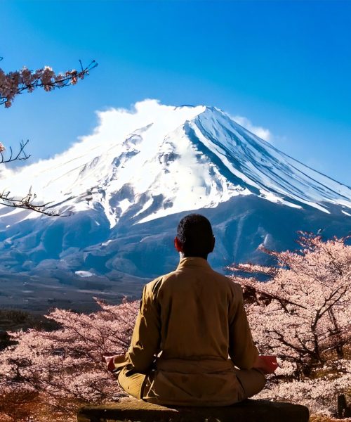 Firefly-a-figure-of-japanese-person-meditating-in-front-of-Mount-Kurama-in-Japan-with-cherry-blossom-scaled