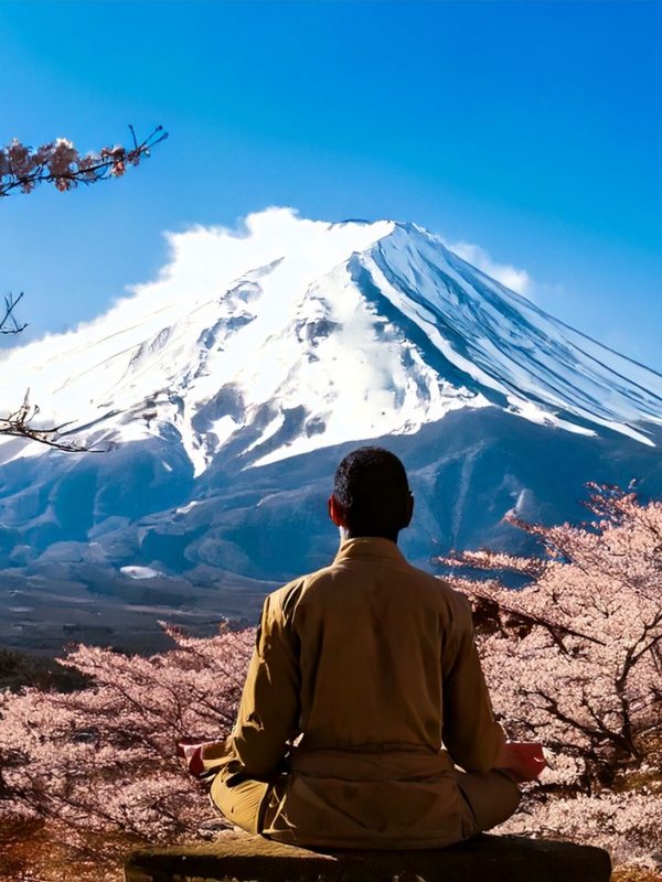 Illustration of a meditating man viewed from behind, surrounded by flower cherry trees, facing snow-capped Mount Fuji in the distance.