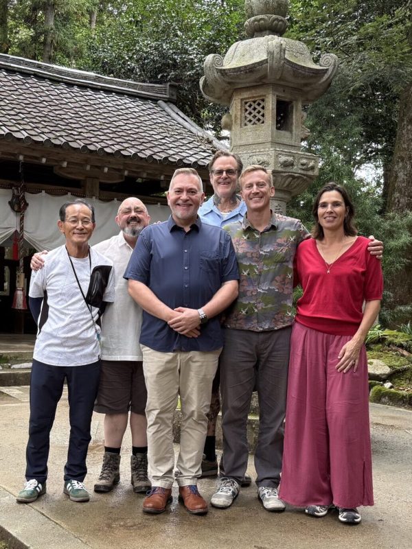 Photo taken at the Okunoin on Mount Kurama showing from left to right Kanji Hashimoto, Christopher Tellez, Brian Brunius, David Hadley, Brian Battjer, and Lies Pennings in October 19, 2025.