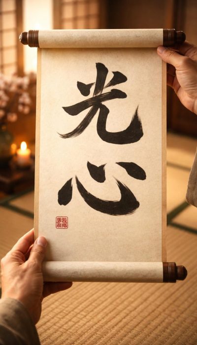 Photo showing two hans holding a Japanese scroll with calligraphy of the kanji for Ko Shin - the path of light - on a piece of natural paper.