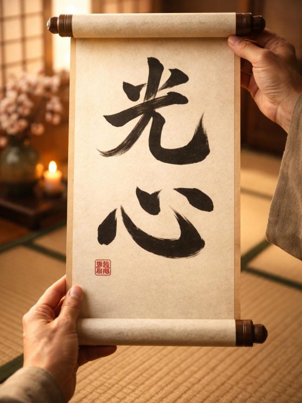 Photo showing two hans holding a Japanese scroll with calligraphy of the kanji for Ko Shin - the path of light - on a piece of natural paper.