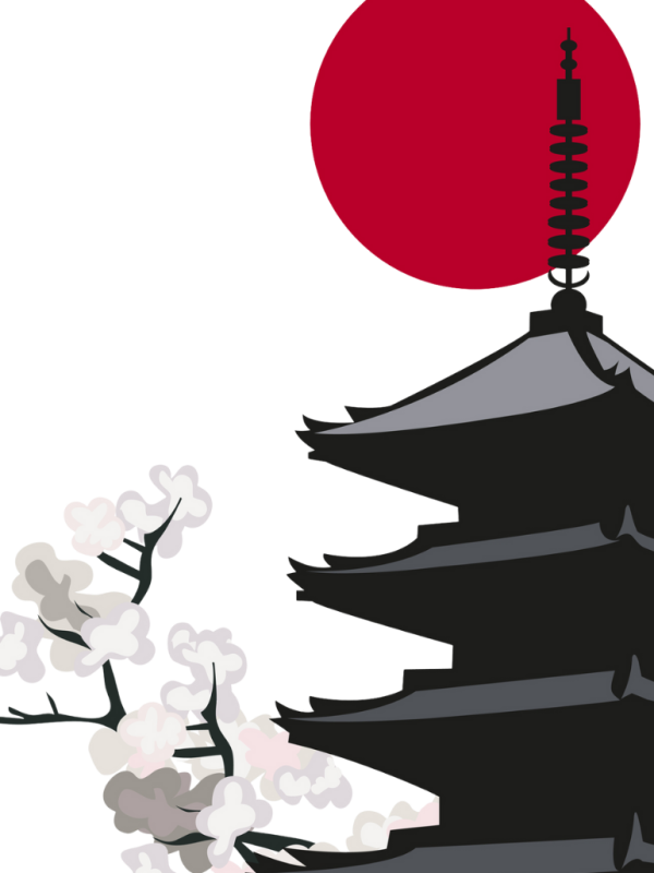 Illustration of a Japanese pagoda with the sun setting behind it.