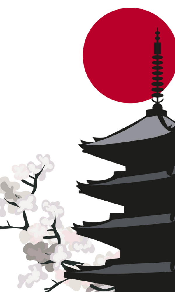 Illustration of a Japanese pagoda with the sun setting behind it.
